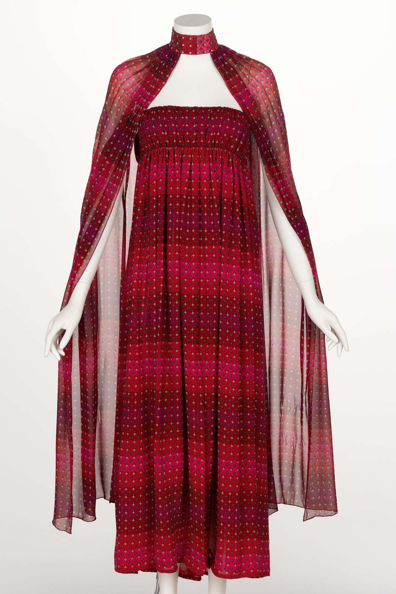 1970s Pauline Trigère Red Print Strapless Dress & Cape Set