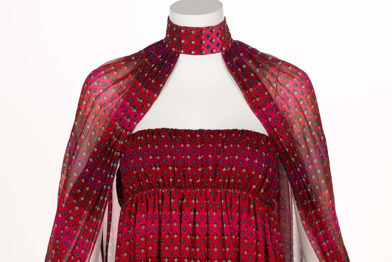 1970s Pauline Trigère Red Print Strapless Dress & Cape Set