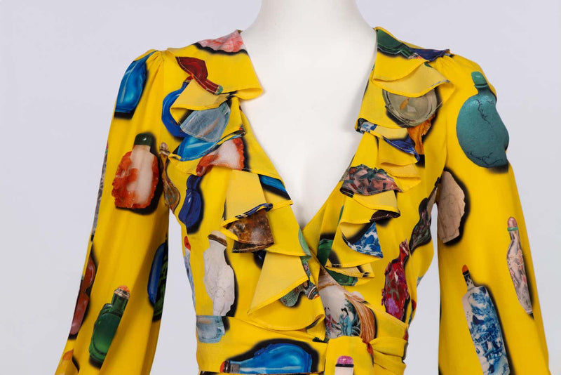 Libertine Fall 2018 Runway Yellow Snuff Bottle Print Silk Wrap Dress – Look 5