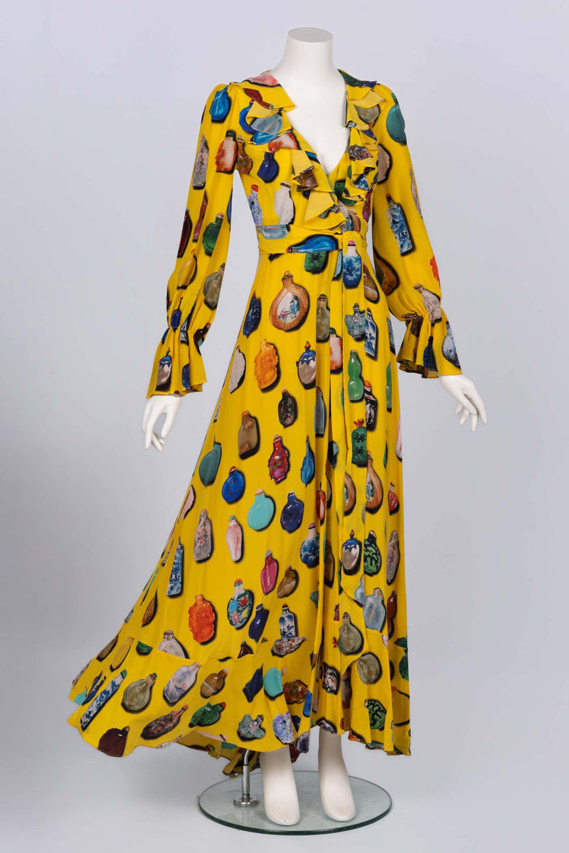 Libertine Fall 2018 Runway Yellow Snuff Bottle Print Silk Wrap Dress – Look 5