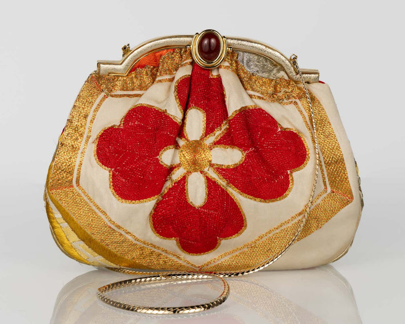 Vintage Judith Leiber Red & Gold Obi Silk Convertible Clutch Bag