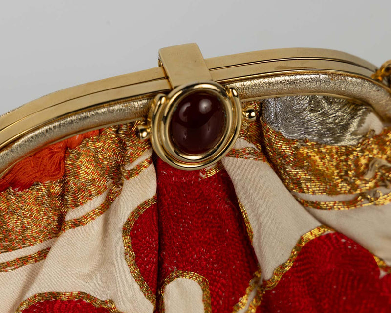 Vintage Judith Leiber Red & Gold Obi Silk Convertible Clutch Bag
