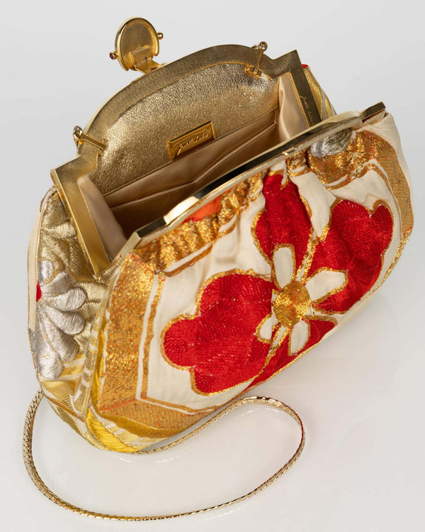 Vintage Judith Leiber Red & Gold Obi Silk Convertible Clutch Bag