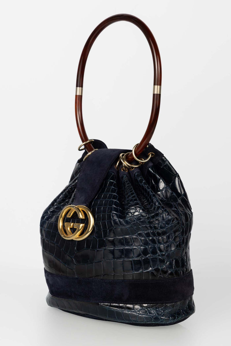 Rare Vintage Gucci Crocodile & Suede Ring Bag with Lucite Handle, Circa 1978