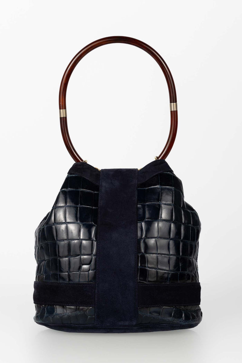Rare Vintage Gucci Crocodile & Suede Ring Bag with Lucite Handle, Circa 1978