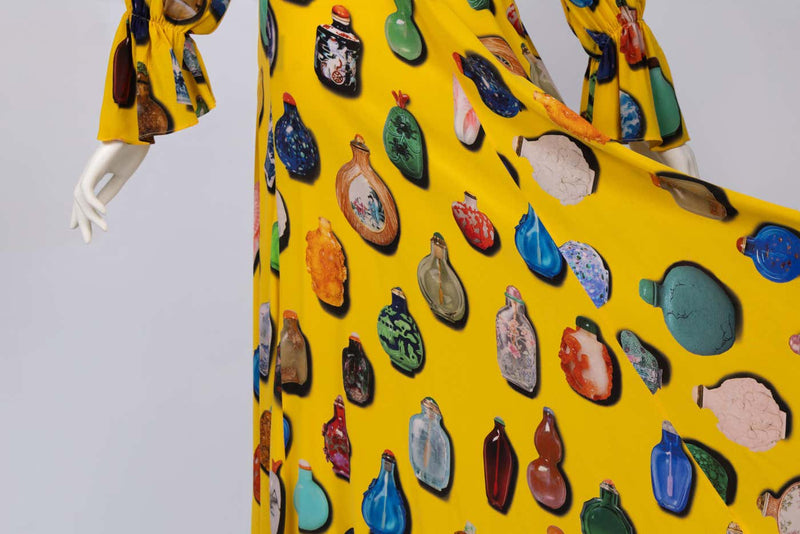 Libertine Fall 2018 Runway Yellow Snuff Bottle Print Silk Wrap Dress – Look 5