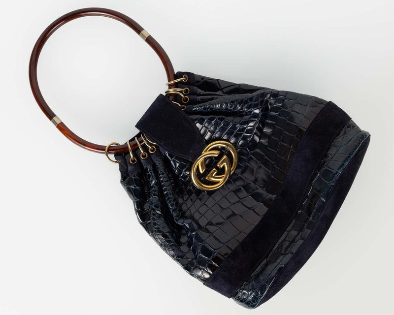 Rare Vintage Gucci Crocodile & Suede Ring Bag with Lucite Handle, Circa 1978