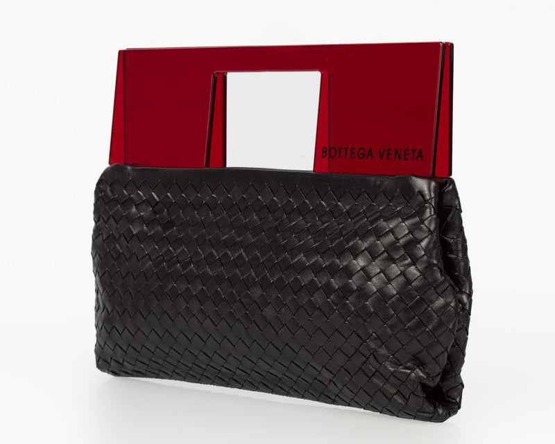 Vintage Bottega Veneta Black Leather Red Plexiglass Clutch Bag