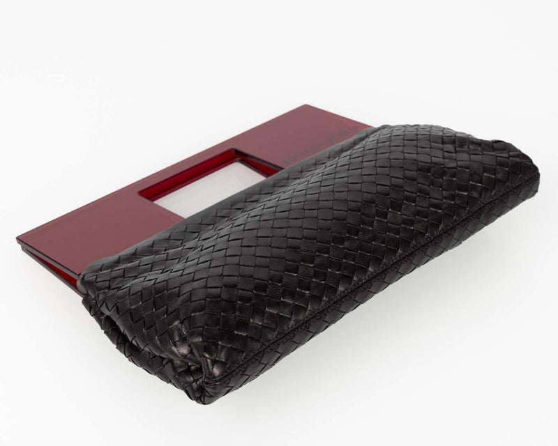 Vintage Bottega Veneta Black Leather Red Plexiglass Clutch Bag