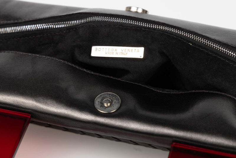 Vintage Bottega Veneta Black Leather Red Plexiglass Clutch Bag