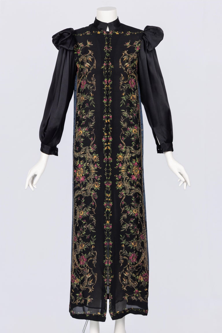Vintage Galanos Silk Print Gown with Satin Sleeves & Winged Shoulders