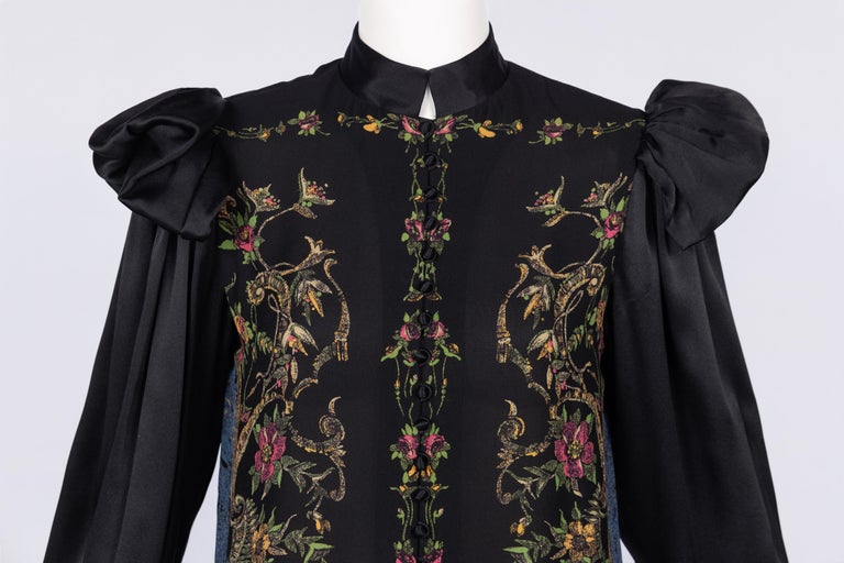 Vintage Galanos Silk Print Gown with Satin Sleeves & Winged Shoulders