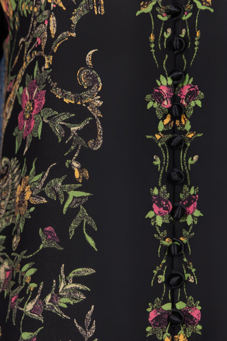 Vintage Galanos Silk Print Gown with Satin Sleeves & Winged Shoulders