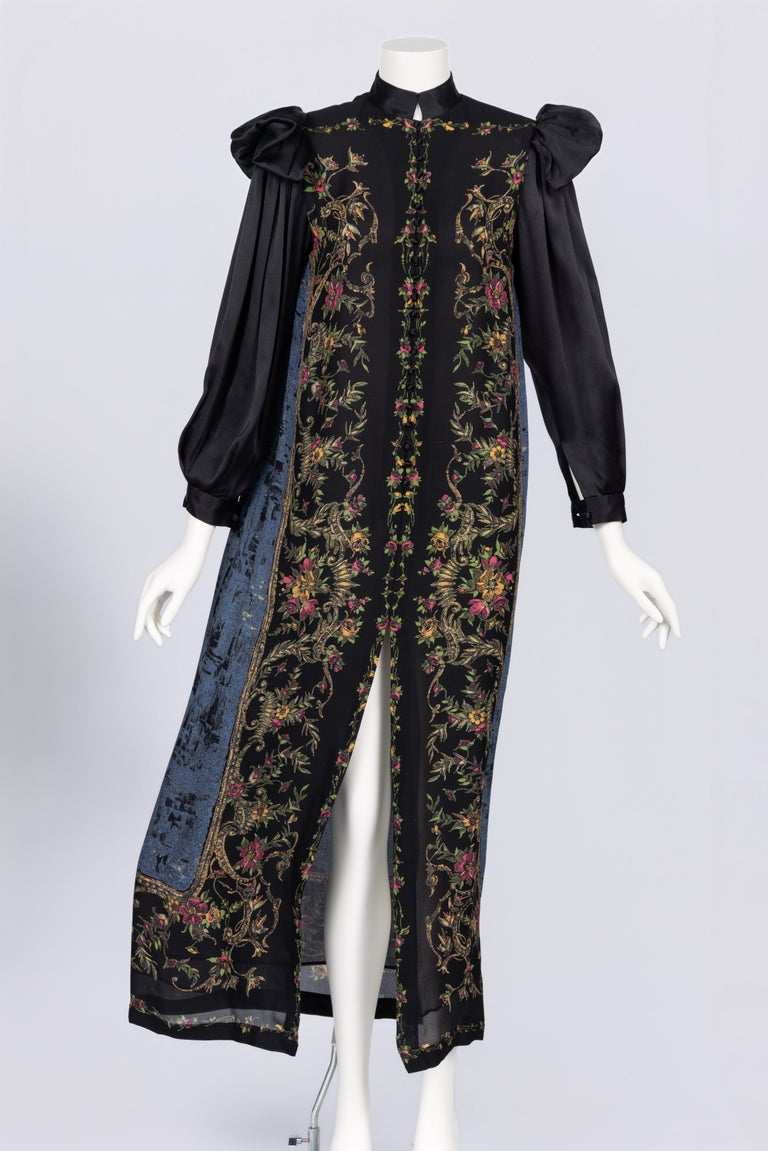 Vintage Galanos Silk Print Gown with Satin Sleeves & Winged Shoulders