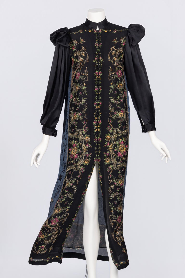 Vintage Galanos Silk Print Gown with Satin Sleeves & Winged Shoulders