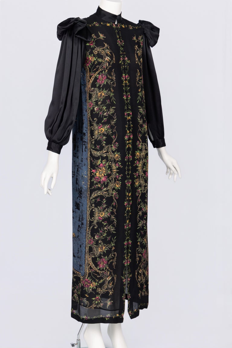 Vintage Galanos Silk Print Gown with Satin Sleeves & Winged Shoulders