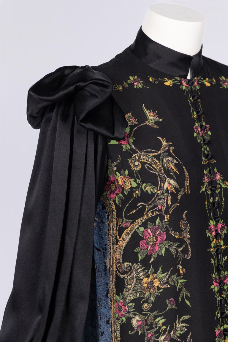 Vintage Galanos Silk Print Gown with Satin Sleeves & Winged Shoulders