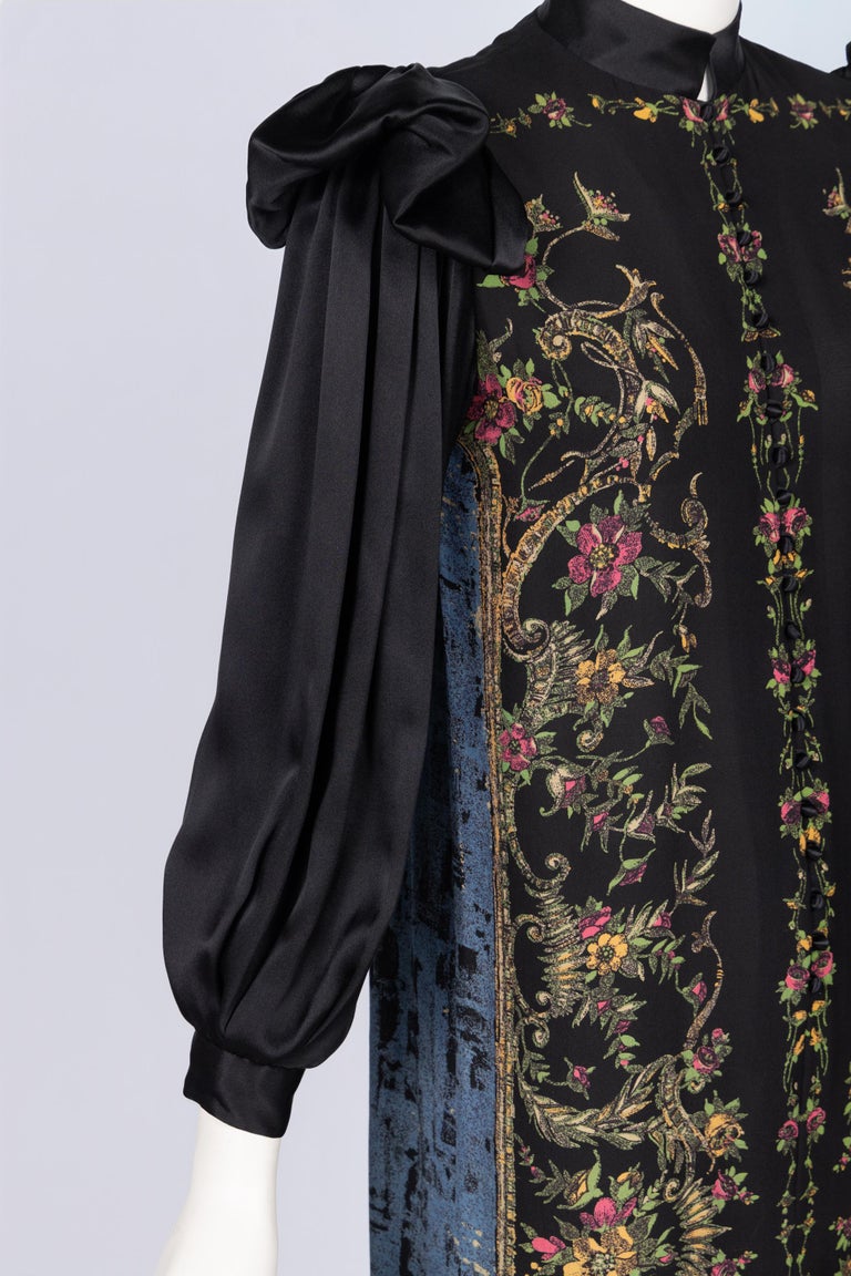 Vintage Galanos Silk Print Gown with Satin Sleeves & Winged Shoulders