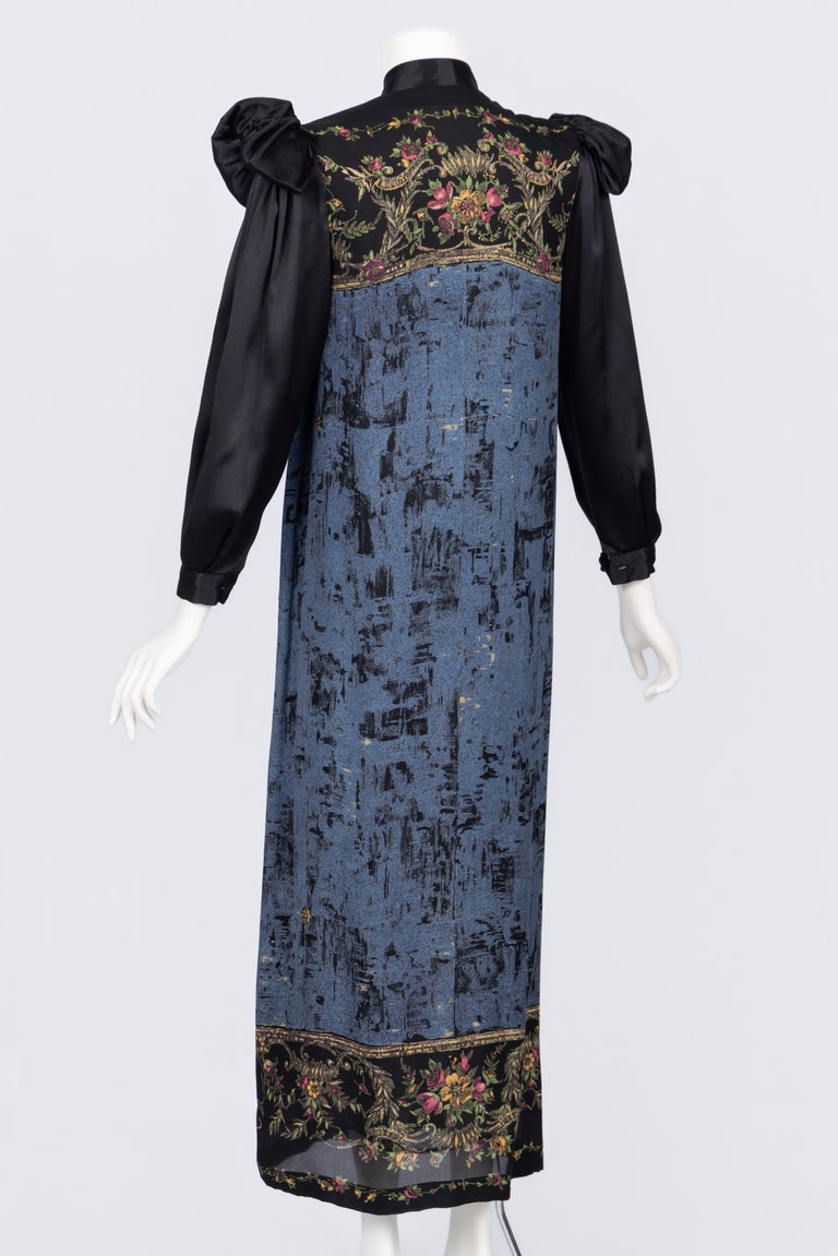Vintage Galanos Silk Print Gown with Satin Sleeves & Winged Shoulders