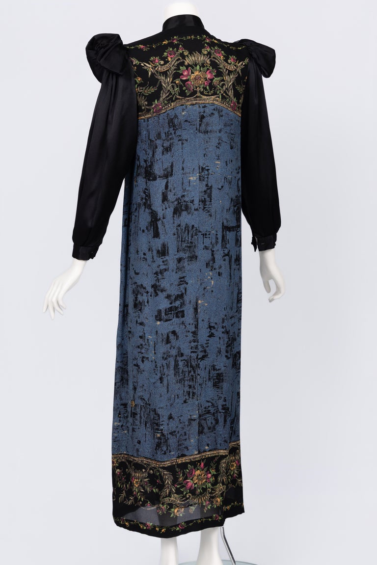 Vintage Galanos Silk Print Gown with Satin Sleeves & Winged Shoulders