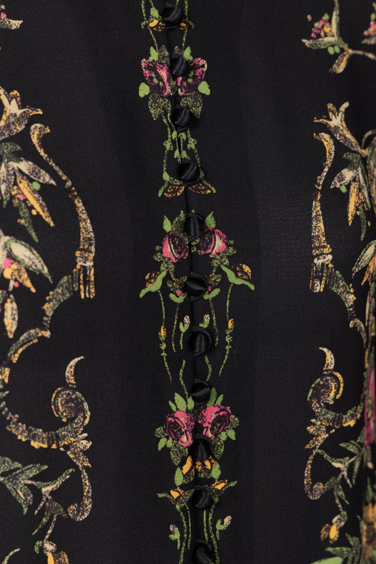 Vintage Galanos Silk Print Gown with Satin Sleeves & Winged Shoulders