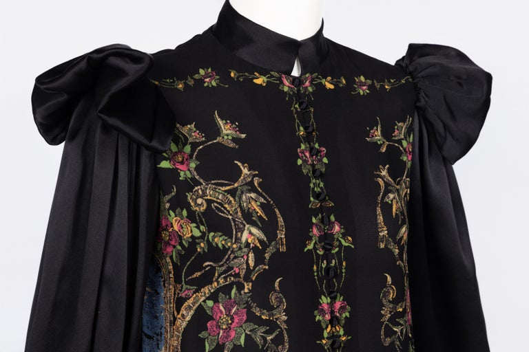 Vintage Galanos Silk Print Gown with Satin Sleeves & Winged Shoulders