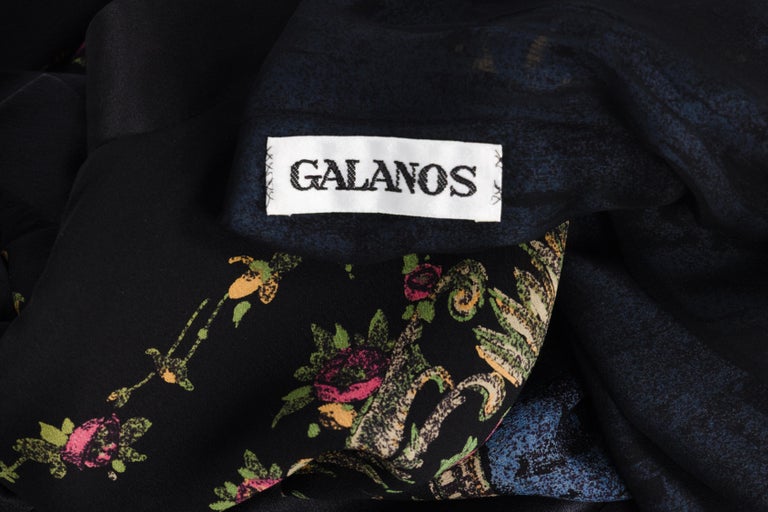 Vintage Galanos Silk Print Gown with Satin Sleeves & Winged Shoulders