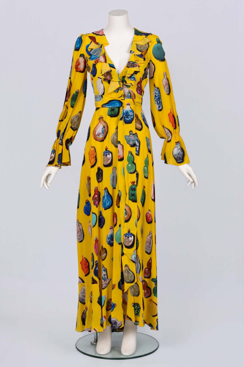 Libertine Fall 2018 Runway Yellow Snuff Bottle Print Silk Wrap Dress – Look 5