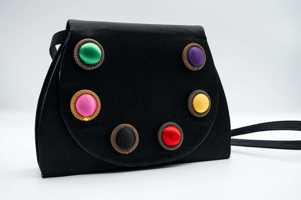 Paloma Picasso Balck Satin Colorful Silk Cabachon Bag