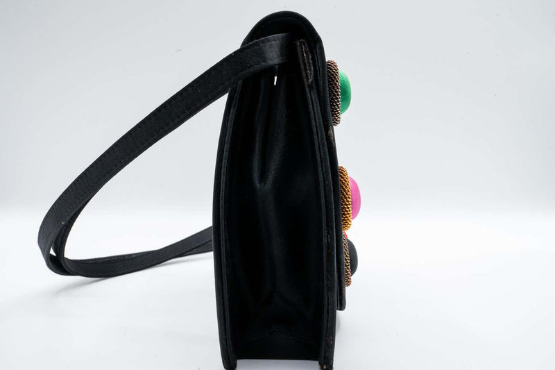 Paloma Picasso Balck Satin Colorful Silk Cabachon Bag