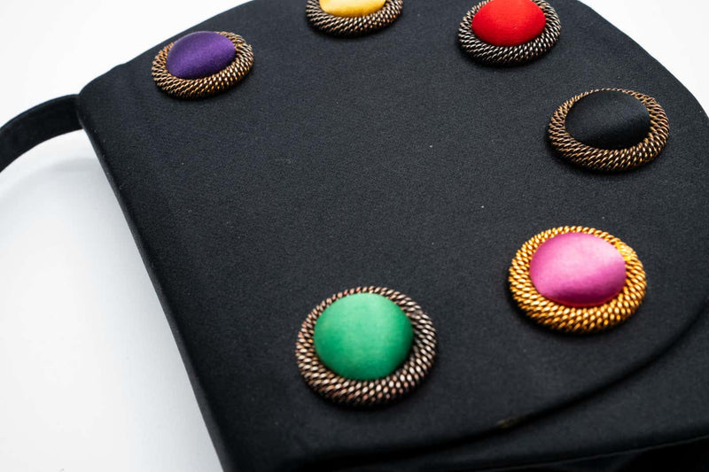 Paloma Picasso Balck Satin Colorful Silk Cabachon Bag