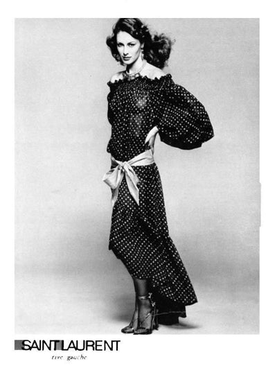 Vintage Saint Laurent Blue Polka Dot Off Shoulder Silk Dress YSL – Basha  Gold