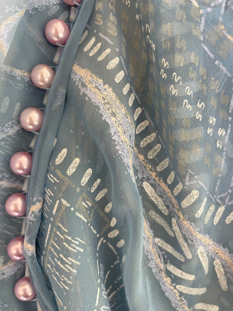 Zandra Rhodes Light Blue Hand Printed Sheer Silk Pearl Beaded Dress Museum Piece