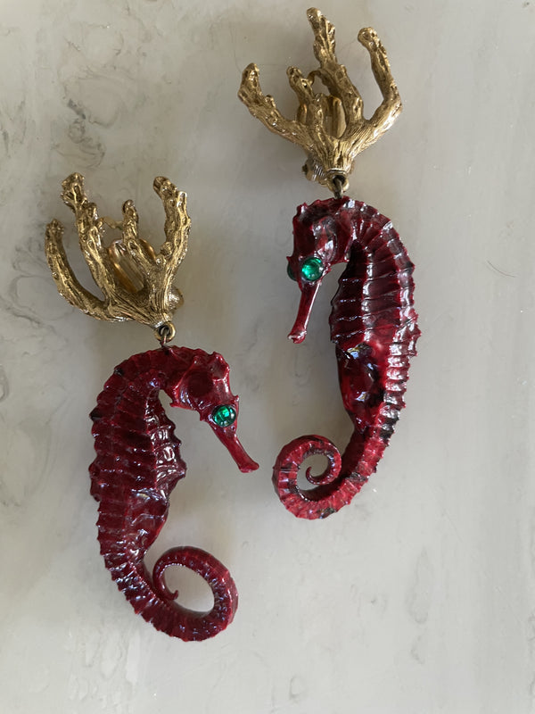 Vintage Yves Saint Laurent Red Gold Seahorse Earrings YSL
