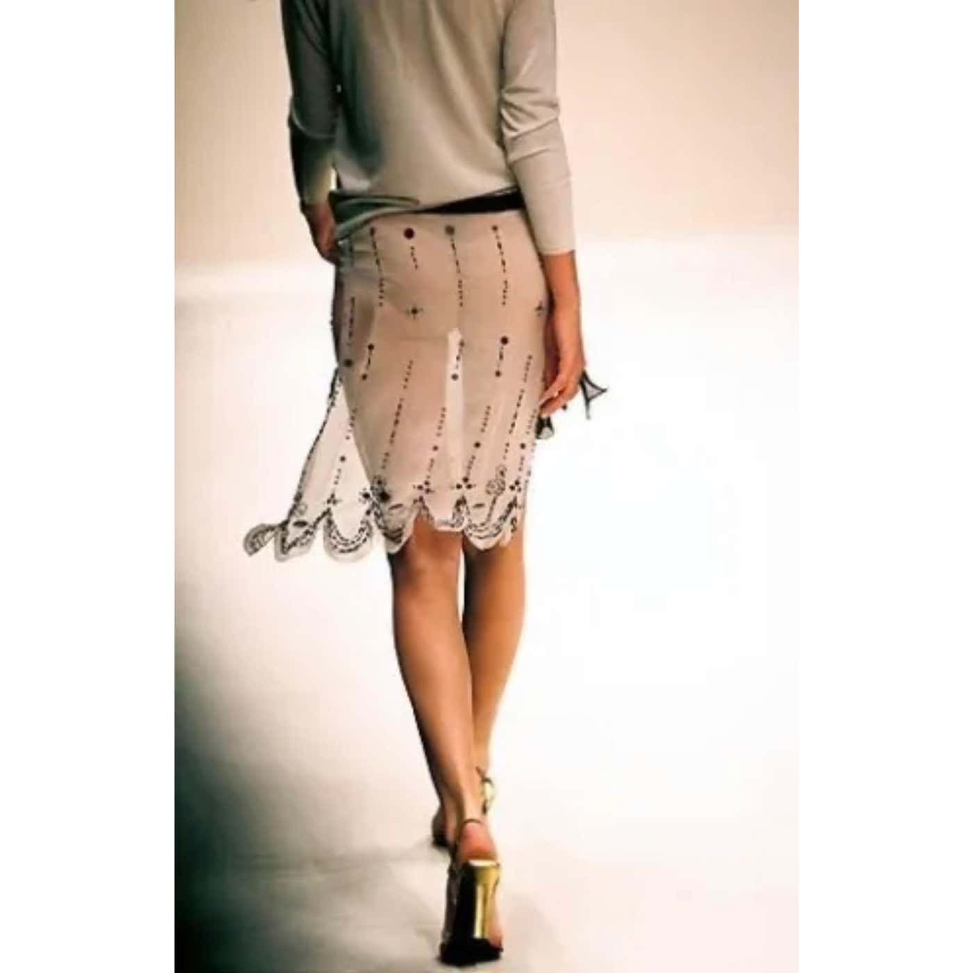 Prada Spring 2000 Beige Semi Sheer Silk Lip Embellished Skirt 