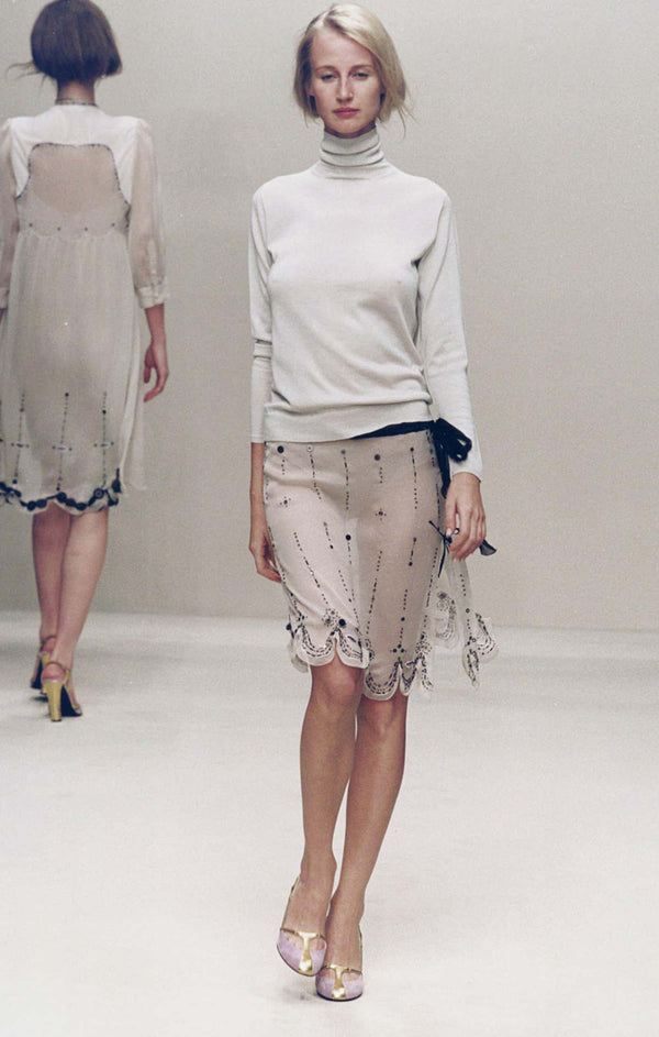Prada Spring 2000 Beige Semi Sheer Silk Lip Embellished Skirt Runway Look #55