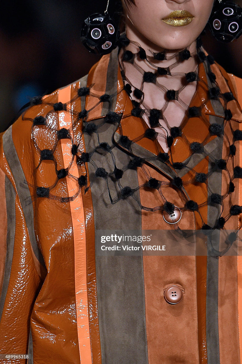 Prada Spring 2016 Runway Look 15 Striped Suede and Patent Leather Jacket