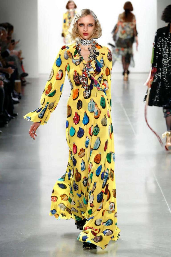 Libertine Fall 2018 Runway Yellow Snuff Bottle Print Silk Wrap Dress – Look 5
