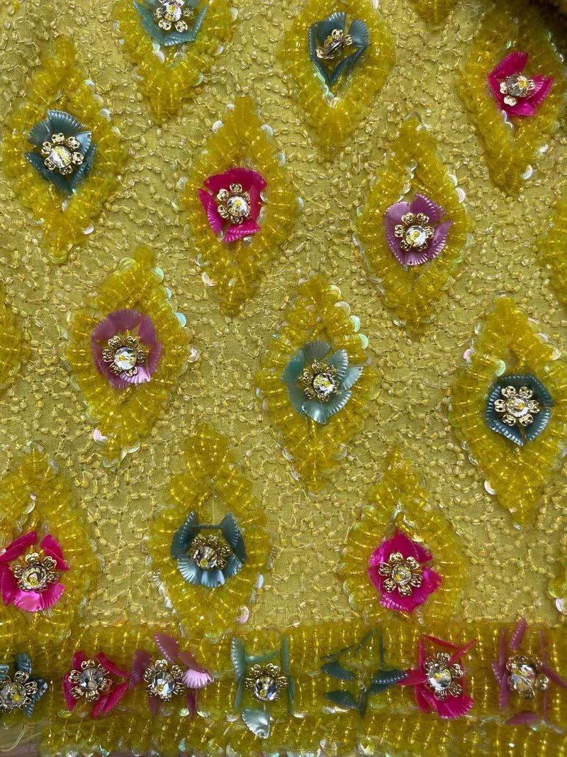 Extraordinary 1960s Unlabeled Yellow Beaded & Sequins Embellished Dress