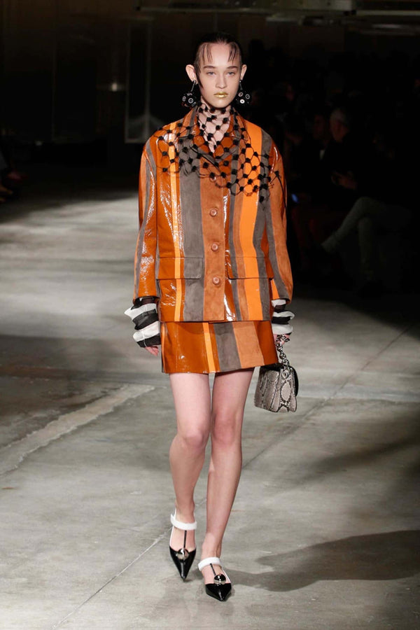 Prada Spring 2016 Runway Look 15 Striped Suede and Patent Leather Jacket