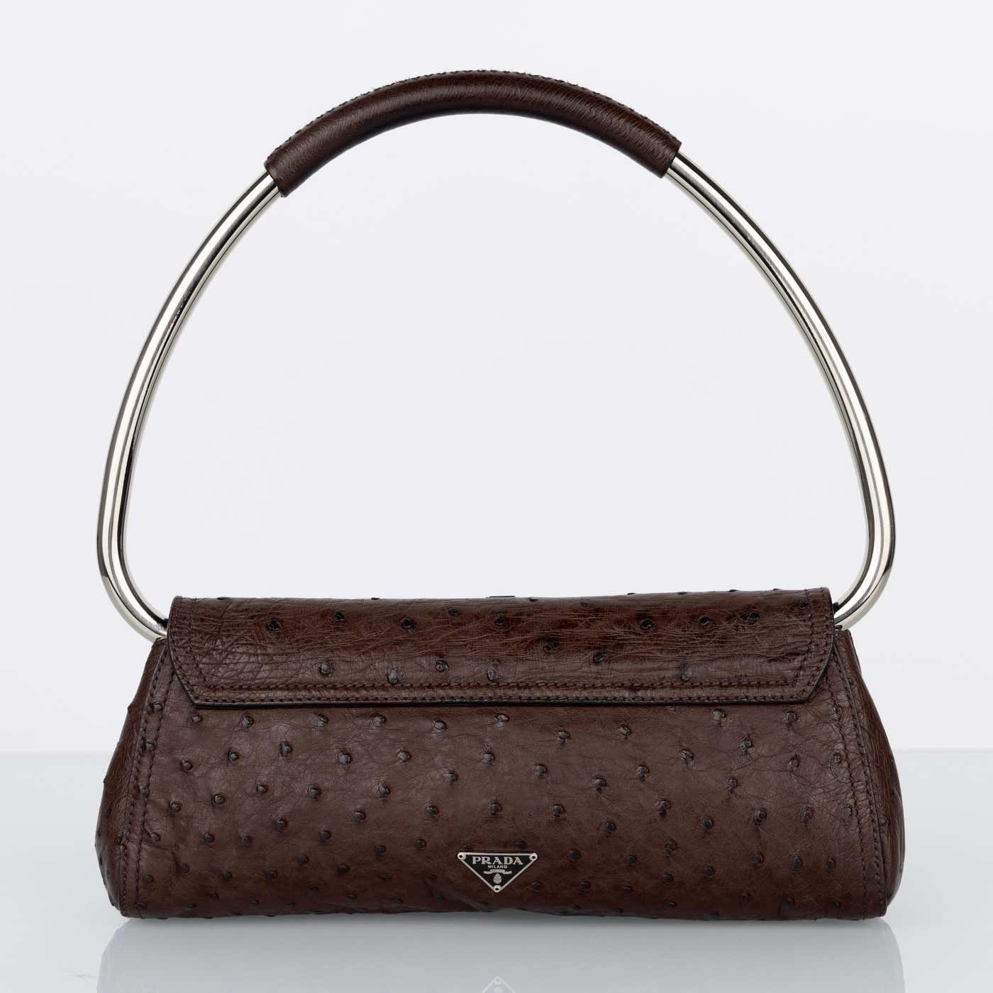 Prada Brown Ostrich Leather Jewel Embellished Swing Bag SS 2003 Archiv Basha Gold