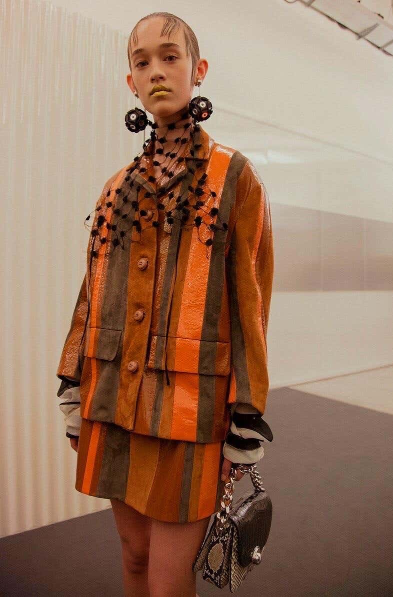 Prada Spring 2016 Runway Look 15 Striped Suede and Patent Leather Jacket