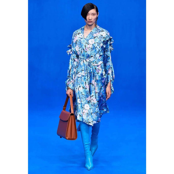 Balenciaga Blue floral print ruffle Satin Midi Dress Spring 2020