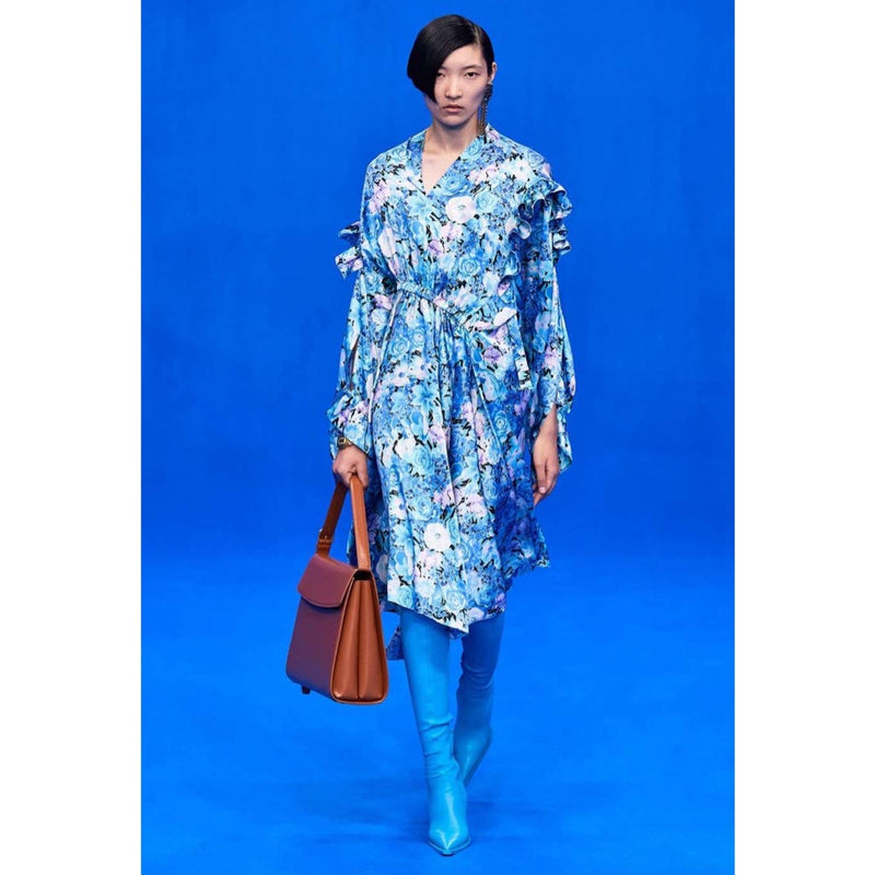Balenciaga Blue floral print ruffle Satin Midi Dress Spring 2020 Basha Gold Balenciaga Blue floral print ruffle Satin Midi Dress Spring 2020 Basha Gold