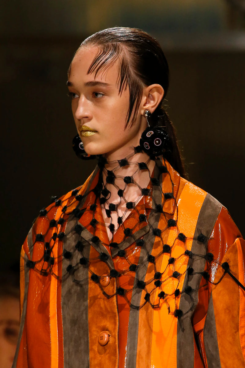 Prada Spring 2016 Runway Look 15 Striped Suede and Patent Leather Jacket