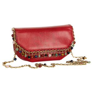 Judith Leiber Red Karung Semiprecious Stones Gold Chain Bag Clutch