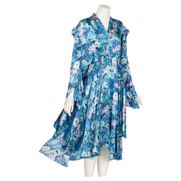 Balenciaga Blue floral print ruffle Satin Midi Dress Spring 2020
