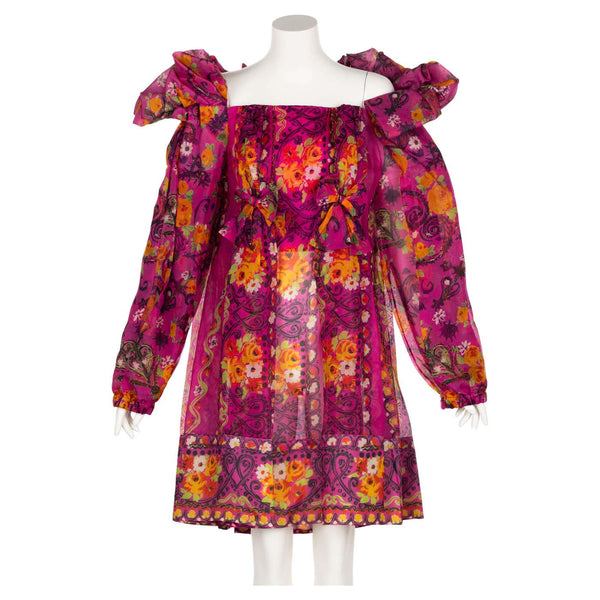 Christian Lacroix Pink Print Silk Ruffle Dress S/S 1992