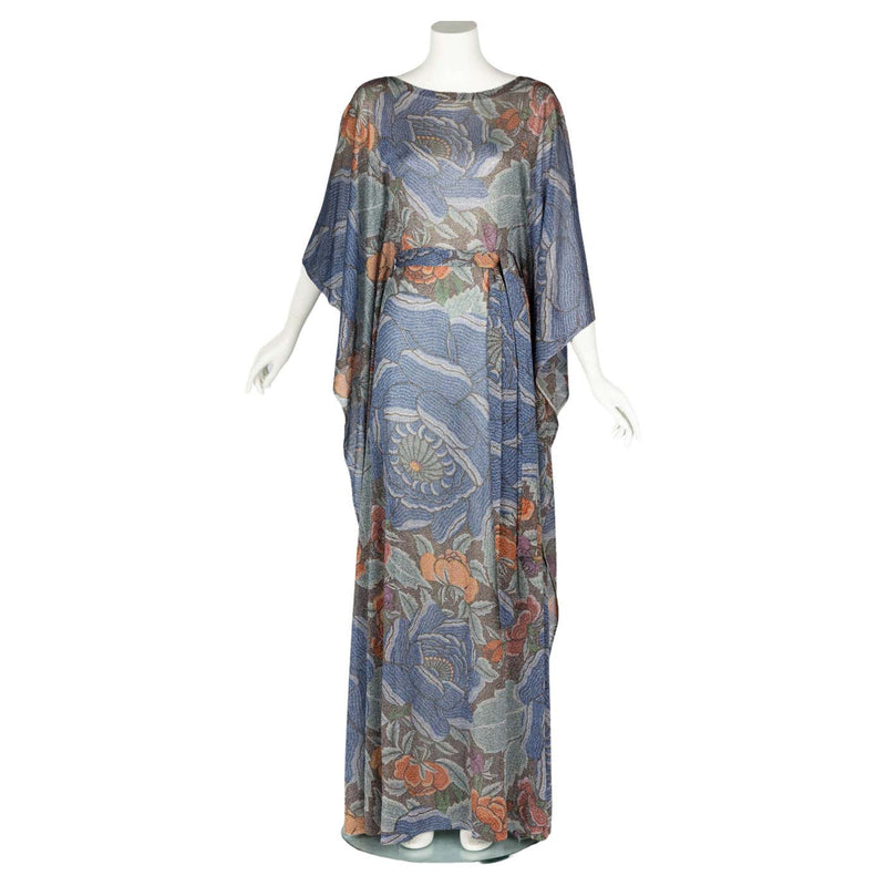 Iconic Missoni 1970s Floral Print Metallic Lurex Caftan Dress