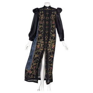 Vintage Galanos Silk Print Gown with Satin Sleeves & Winged Shoulders